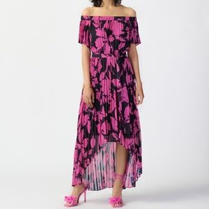 Joseph Ribkoff Belted Pink Black Floral Pleated Medium Dress